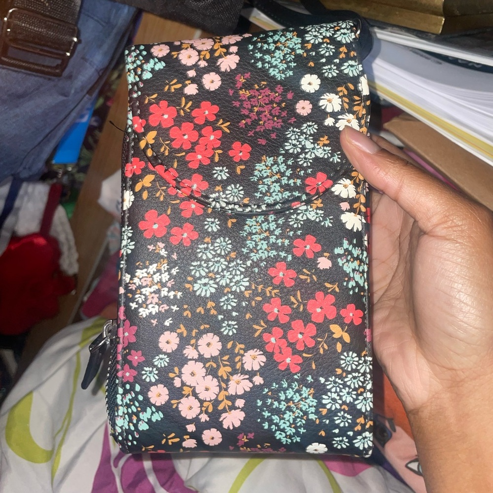 Floral Black Purse with Cross Body Strap